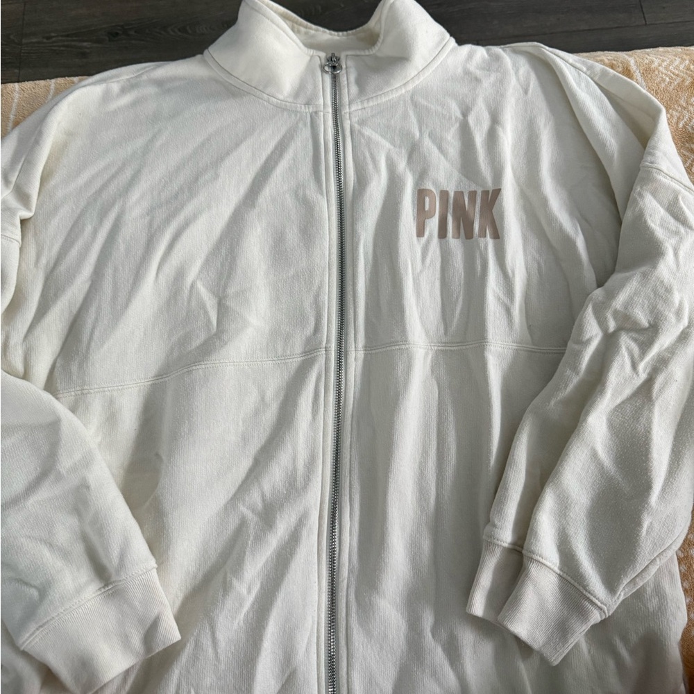 VS PINK Cream Zip-Up Varsity Jacket
